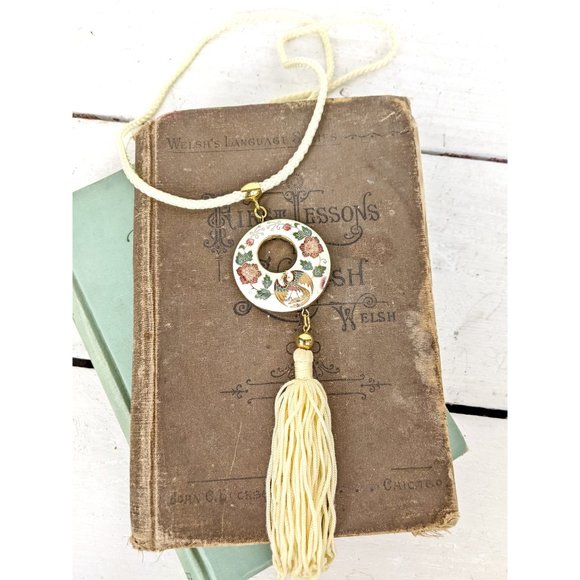 Vintage Chinese Cloisonne floral enamel tassel pendant rope necklace - Picture 2 of 5